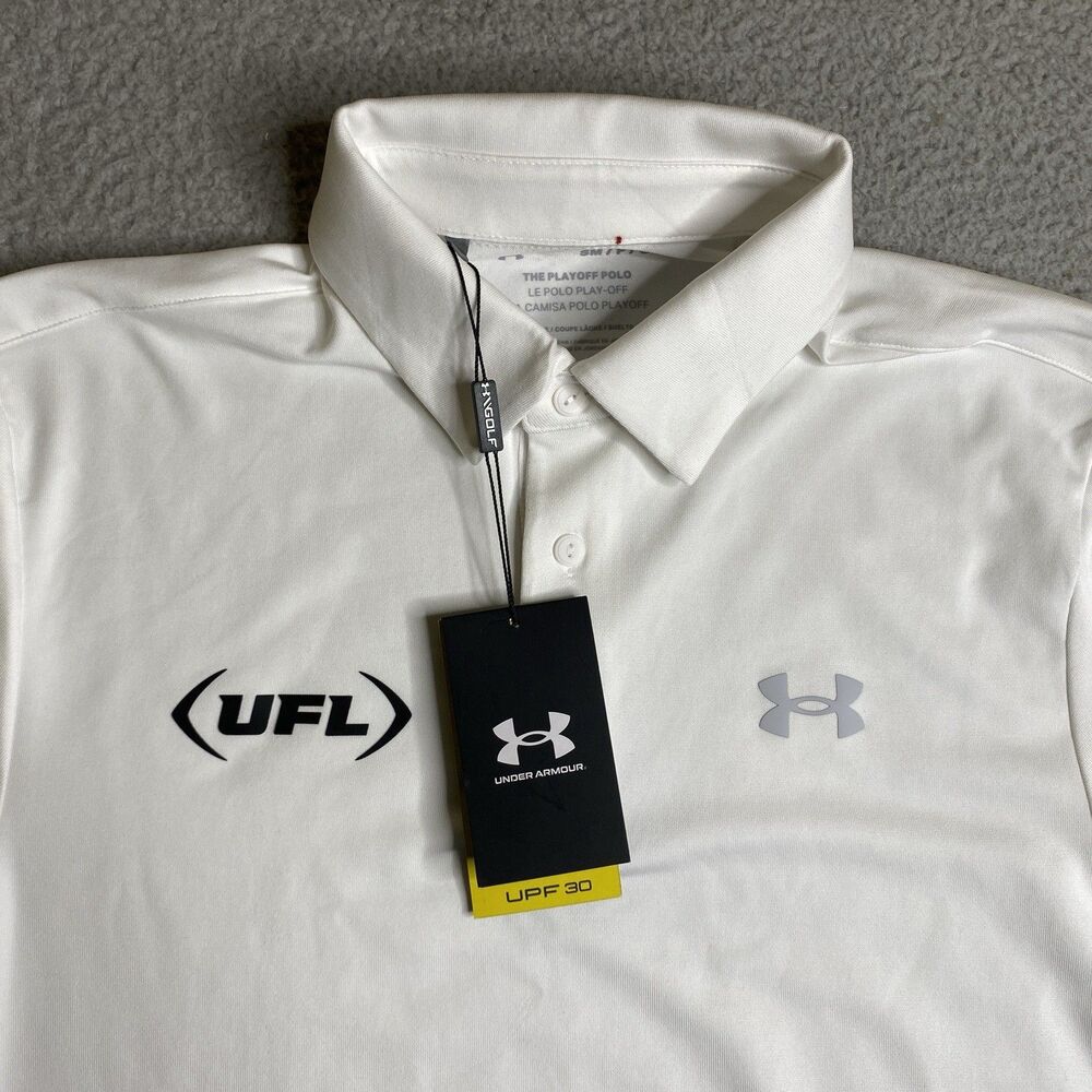 Under Armour Shirt Mens Small White UFL Football Logo Playoff Polo Active NWT